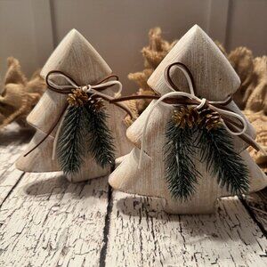 Set of Distressed Wood Holiday Winter Trees with Decoration